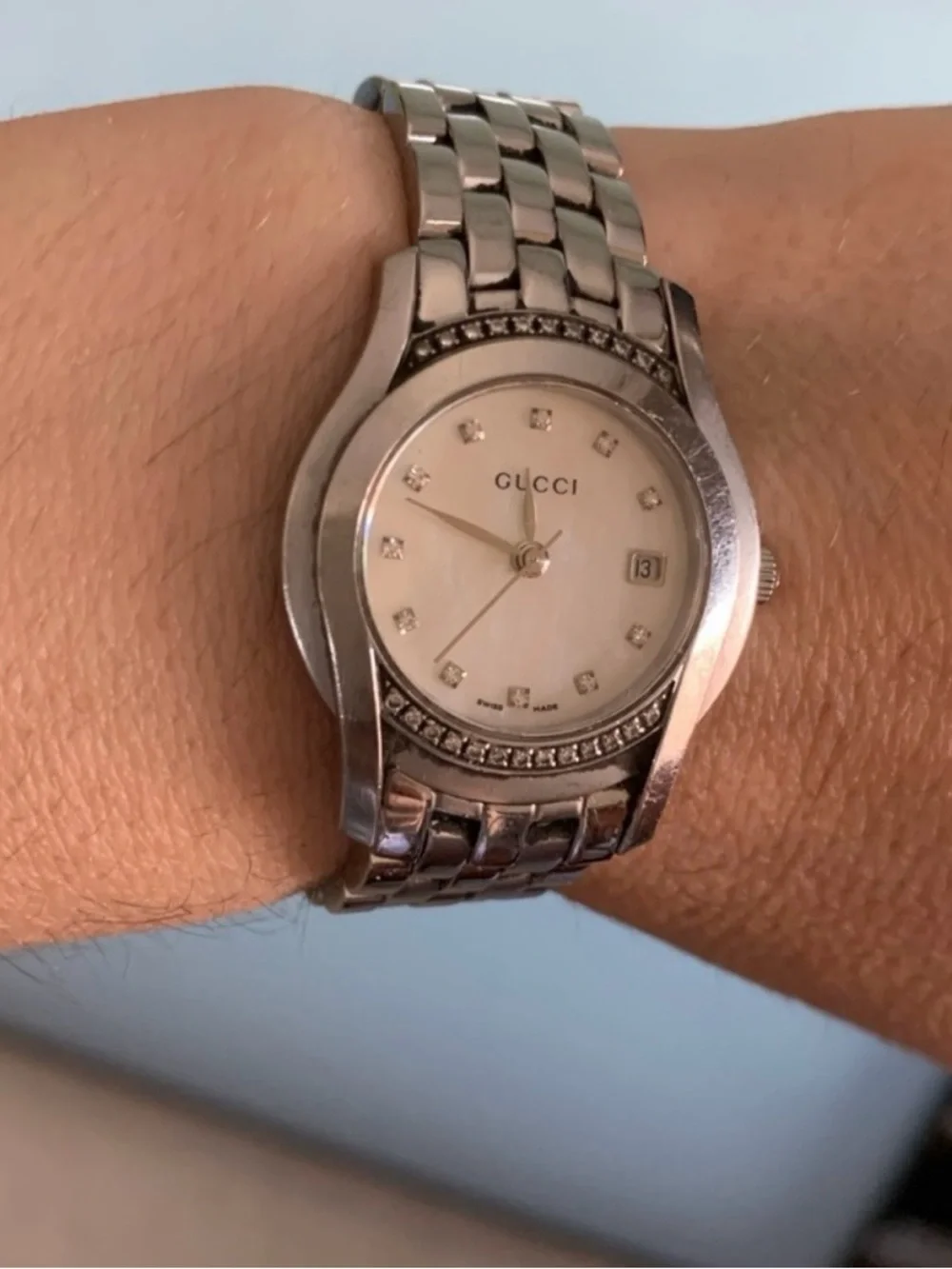 Gucci Silver Women's Watch with Mother-of-Pearl Dial and Diamond Accents